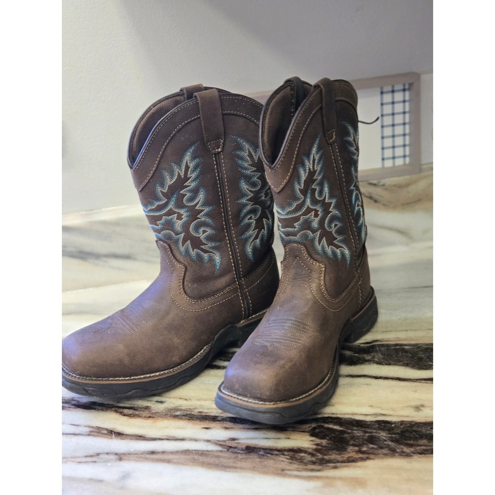 Brazos Womens Brown Leather Steel Toe Western Work Boots Blue Stitching 7.5B